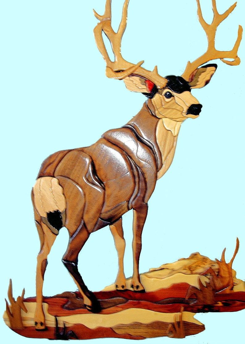 Handcrafted Standing Mule Deer Intarsia Wood Art Wall | Etsy Inside Latest Deer Wall Art (View 2 of 20)