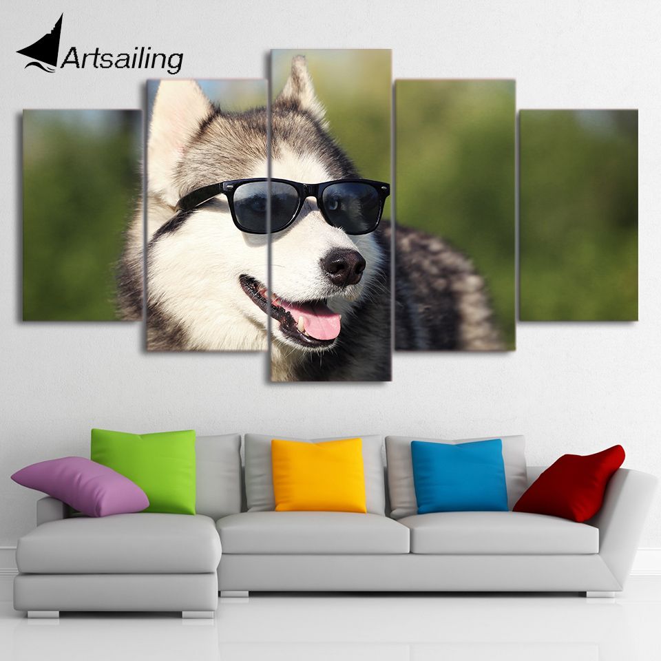 Hd Printed 5 Piece Canvas Art Cool Husky Pet Painting Dog Wear Glasses In Best And Newest Dog Wall Art (View 18 of 20)
