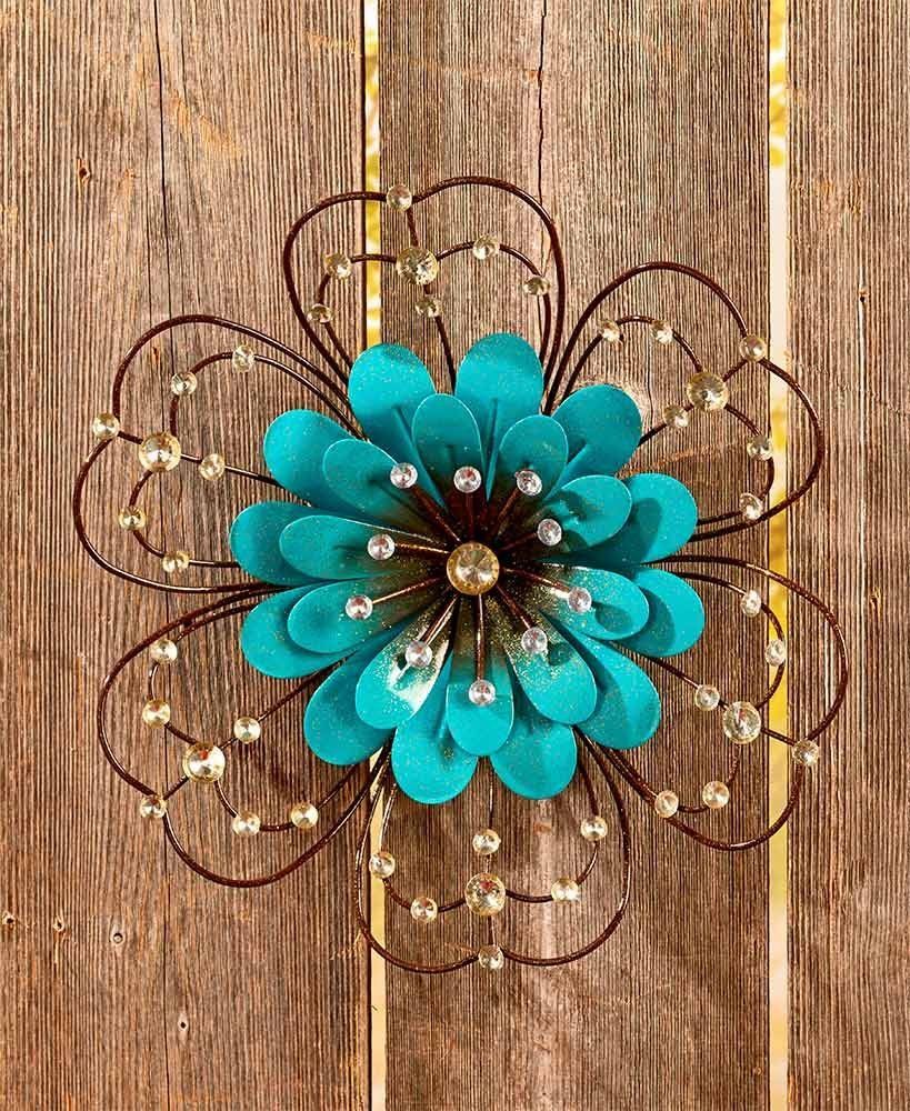 Jeweled Metal Wall Flowers – Blue, Brightly Colored Jeweled Metal Wall Intended For Newest Gold Fan Metal Wall Art (View 3 of 20)