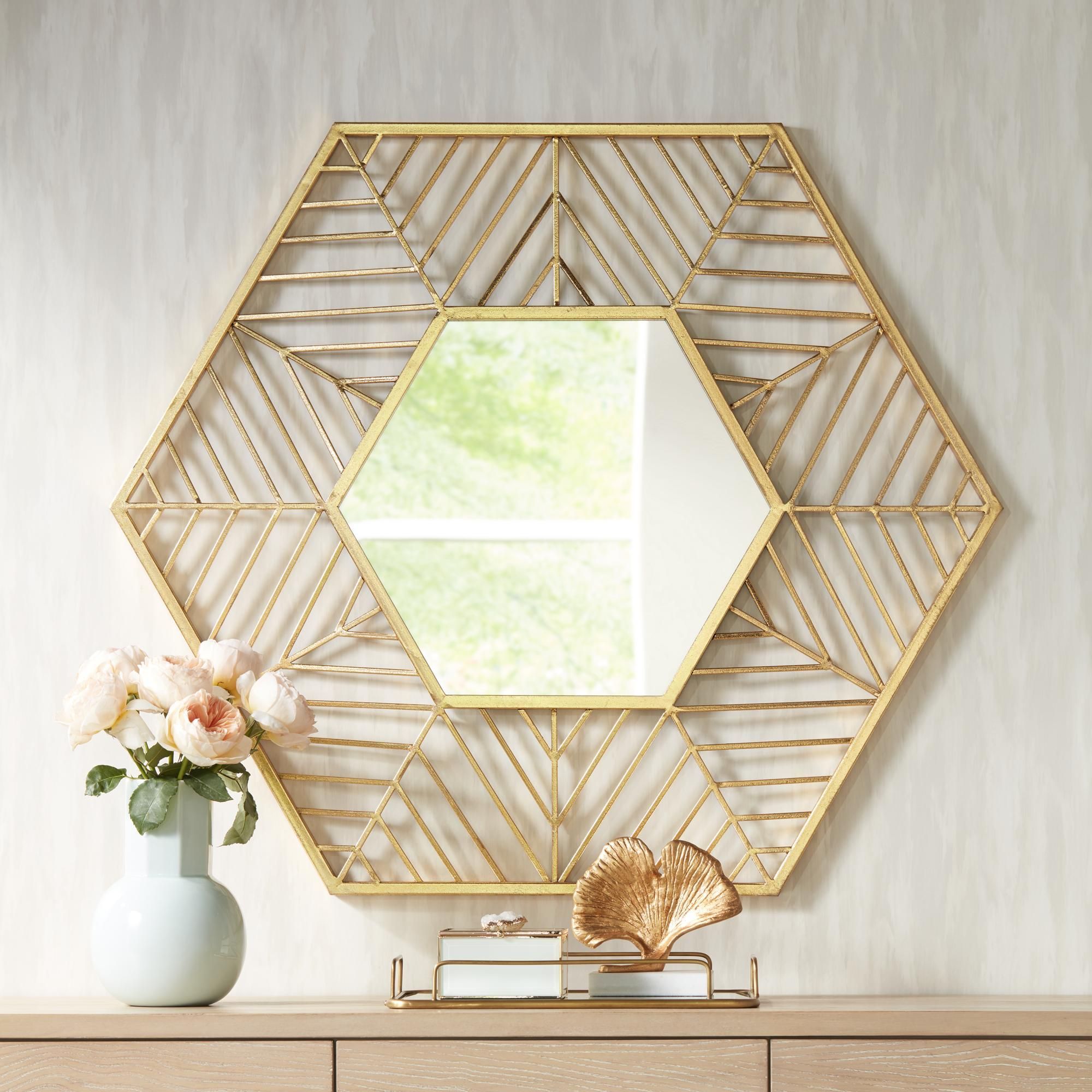 Kelise Gold 39 1/2" X 34" Hexagon Wall Mirror #wallmirror # With Most Popular Gold Metal Mirrored Wall Art (View 6 of 20)