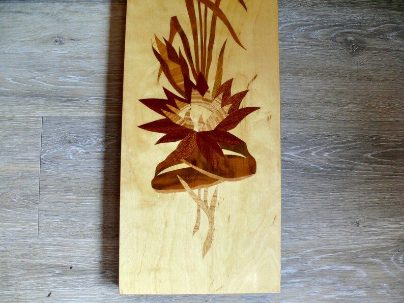 Large Marquetry Cattail Wood Inlay Wall Art Vintage Lacquered | Etsy Pertaining To Most Popular Cattails Wall Art (View 12 of 20)