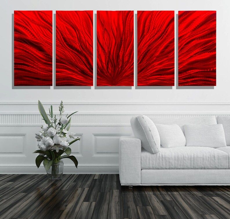 Large Red Modern Metal Wall Art Multi Panel Wall Art Office | Etsy With Most Current Multi Color Metal Wall Art (View 10 of 20)