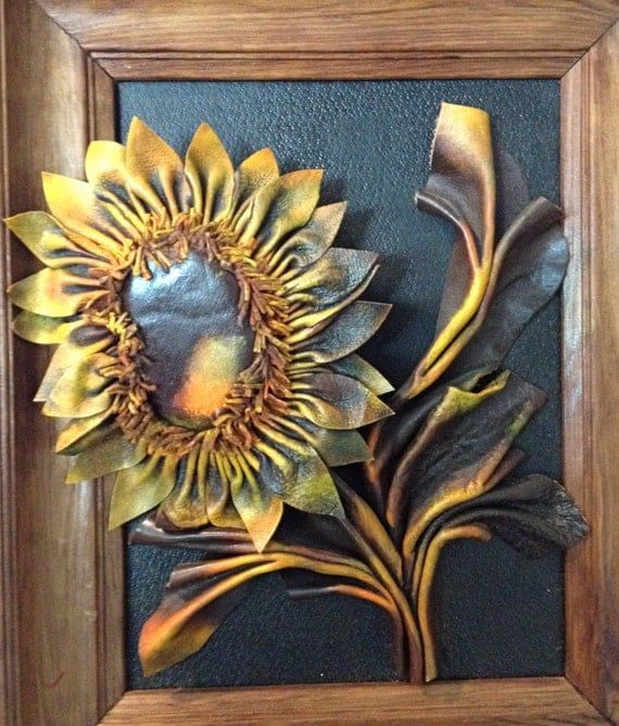 Leather Sunflower Wood Framed Wall Art Sculpture – Poland For Most Up To Date Sunflower Metal Framed Wall Art (View 1 of 20)