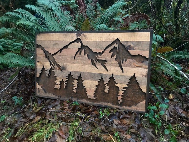 Medium Rustic Mountains And Trees Silhouette Wood Wall Art | Etsy In Recent Silhouette Wall Art (View 19 of 20)