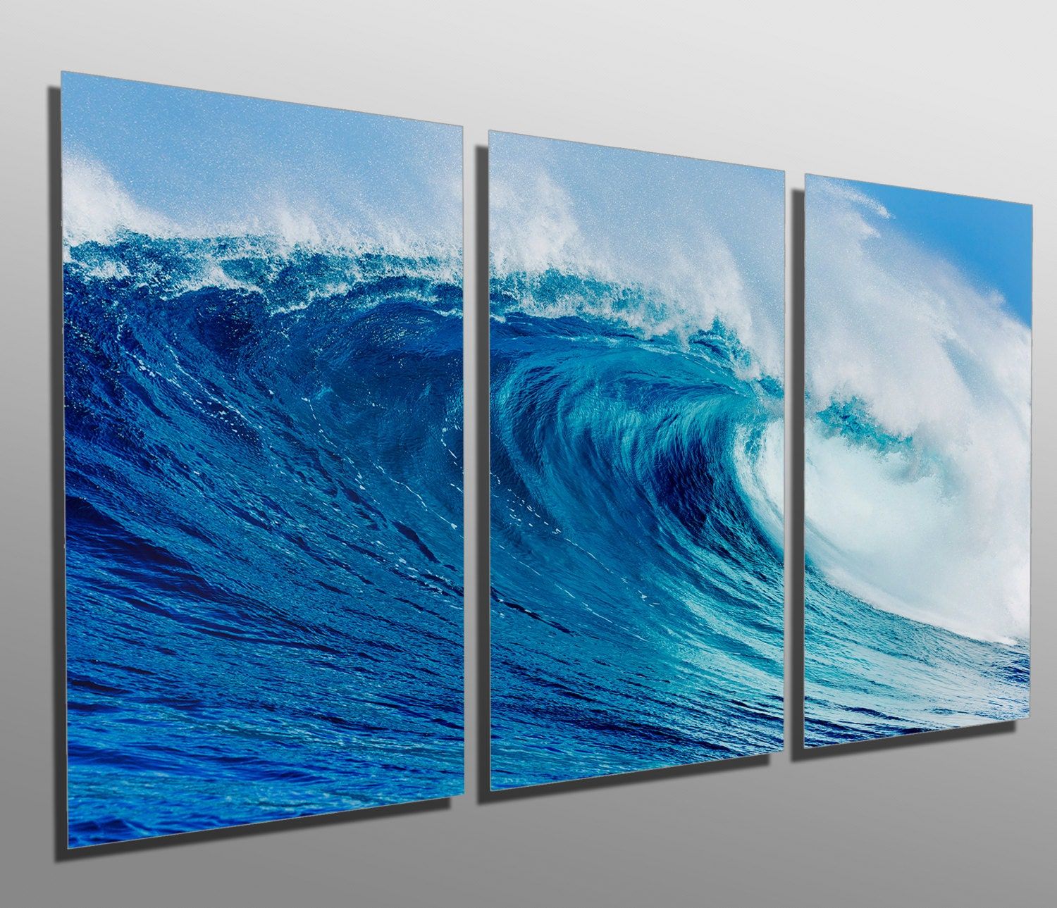 Metal Prints Blue Ocean Wave 3 Panel Split Triptych Within Newest Ocean Waves Metal Wall Art (View 3 of 20)
