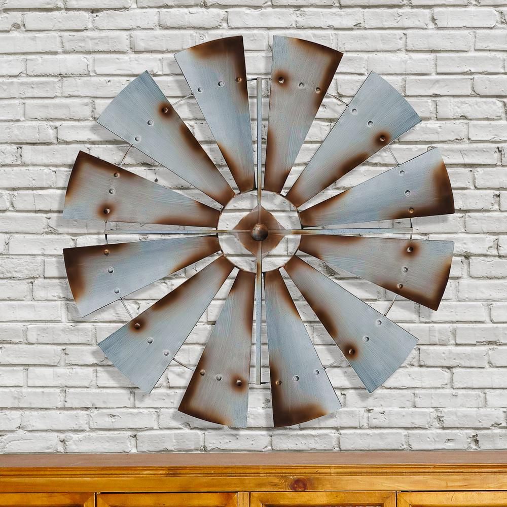Metal Silver Rust Round Windmill Wall Decor Fh1057 – The Home Depot For Best And Newest Rust Metal Wall Art (View 6 of 20)