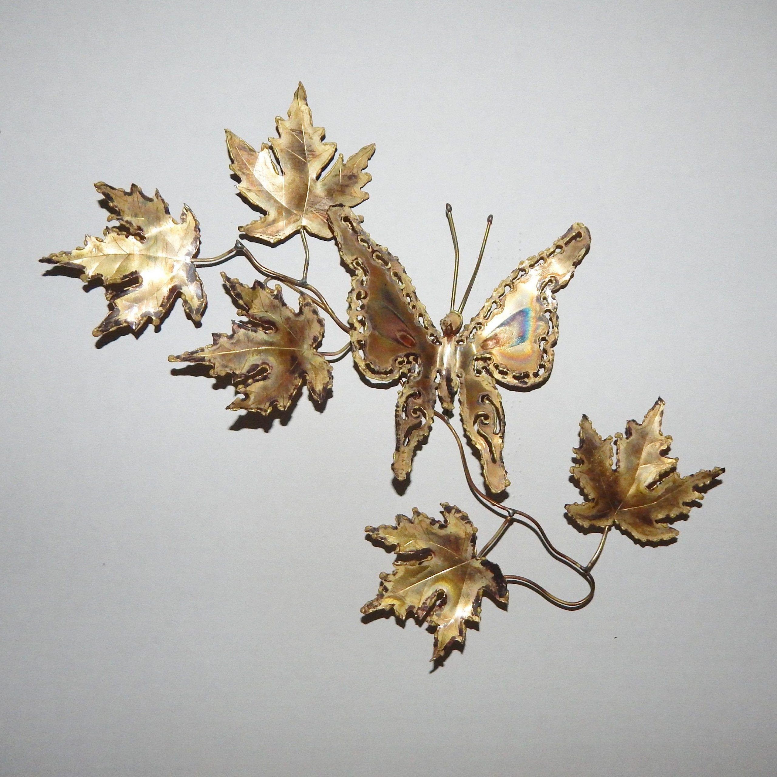 Metal Wall Decor Butterfly & Leaves Gold Tone Vintage Home | Etsy Within Best And Newest Antique Silver Metal Wall Art Sculptures (View 7 of 20)