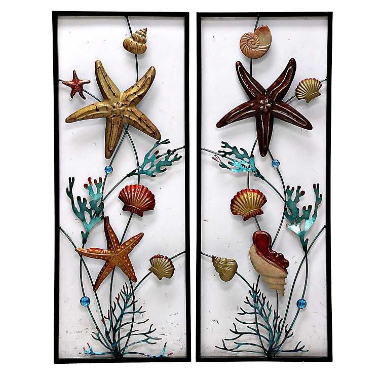 Nautical Metal Panel Plaques, Set Of 2 | Coral Wall Art, Metal Wall Art In Most Recently Released Lighthouse Wall Art (View 15 of 20)