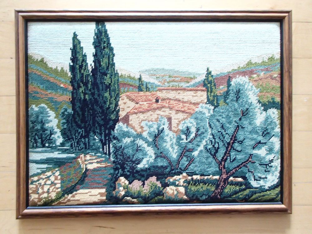 Needlepoint Mountain And Village Italian Cypress Hand Crafted Wall Art Regarding Most Recently Released Cypress Wall Art (View 1 of 20)