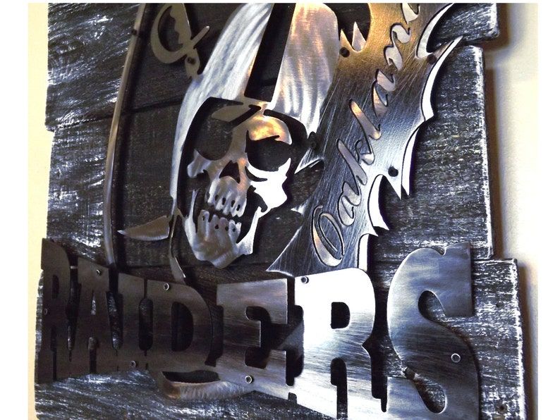 Oakland Raiders 3d Layered Metal Art On A Reclaimed Wood | Etsy Inside 2017 Layered Rings Metal Wall Art (View 7 of 20)