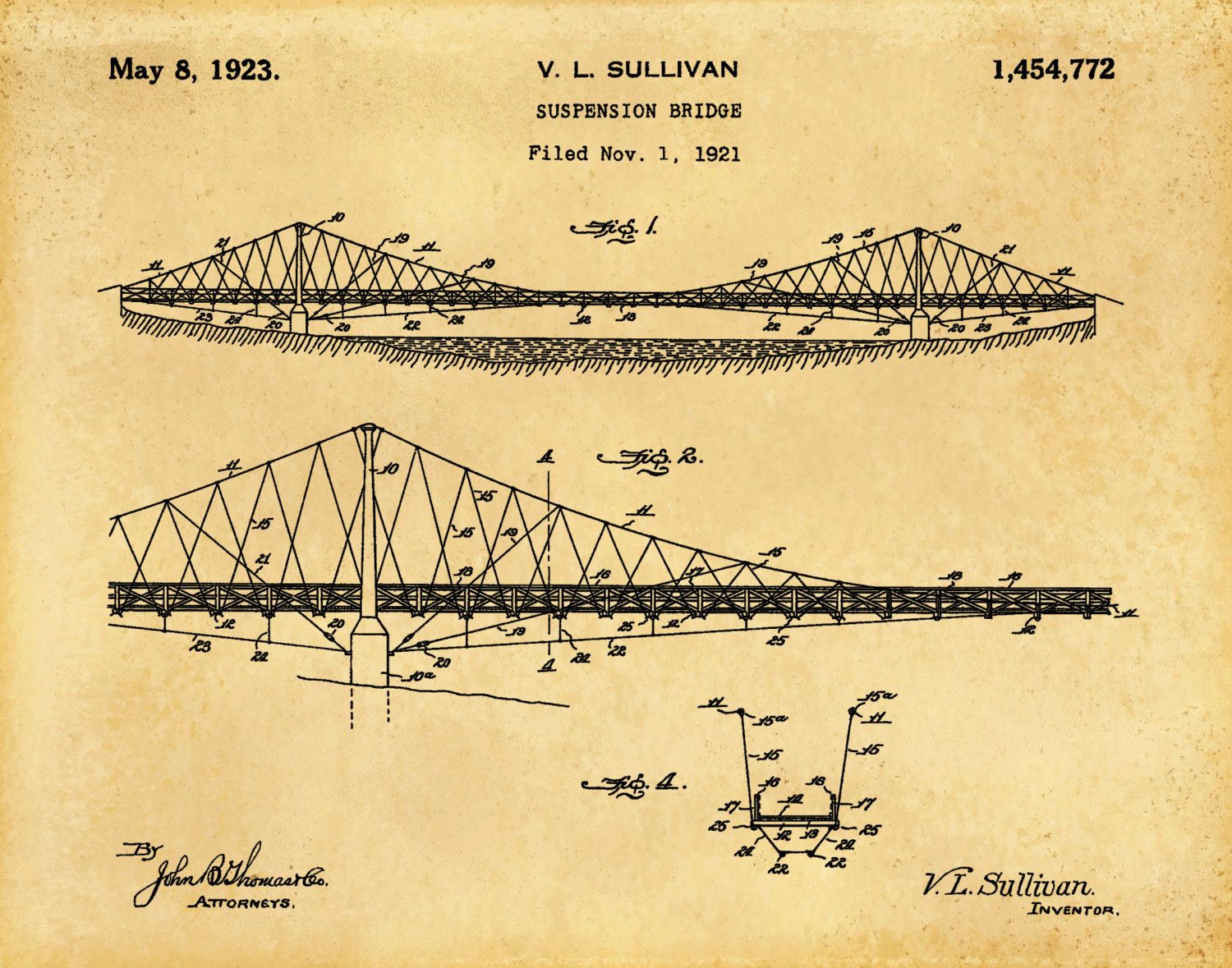 Patent 1923 Suspension Bridge – Art Print – Poster Print – Wall Art Regarding Best And Newest Bridge Wall Art (View 15 of 20)