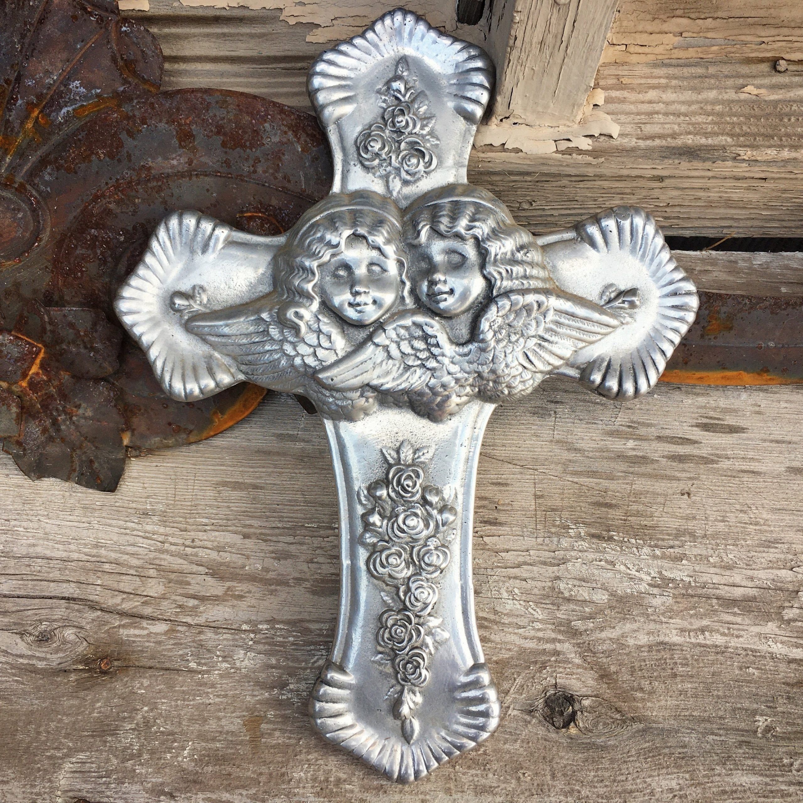 Pewter Metal Wall Cross With Winged Angels, Mexican Rustic Home Decor In Recent Pewter Metal Wall Art (View 15 of 20)