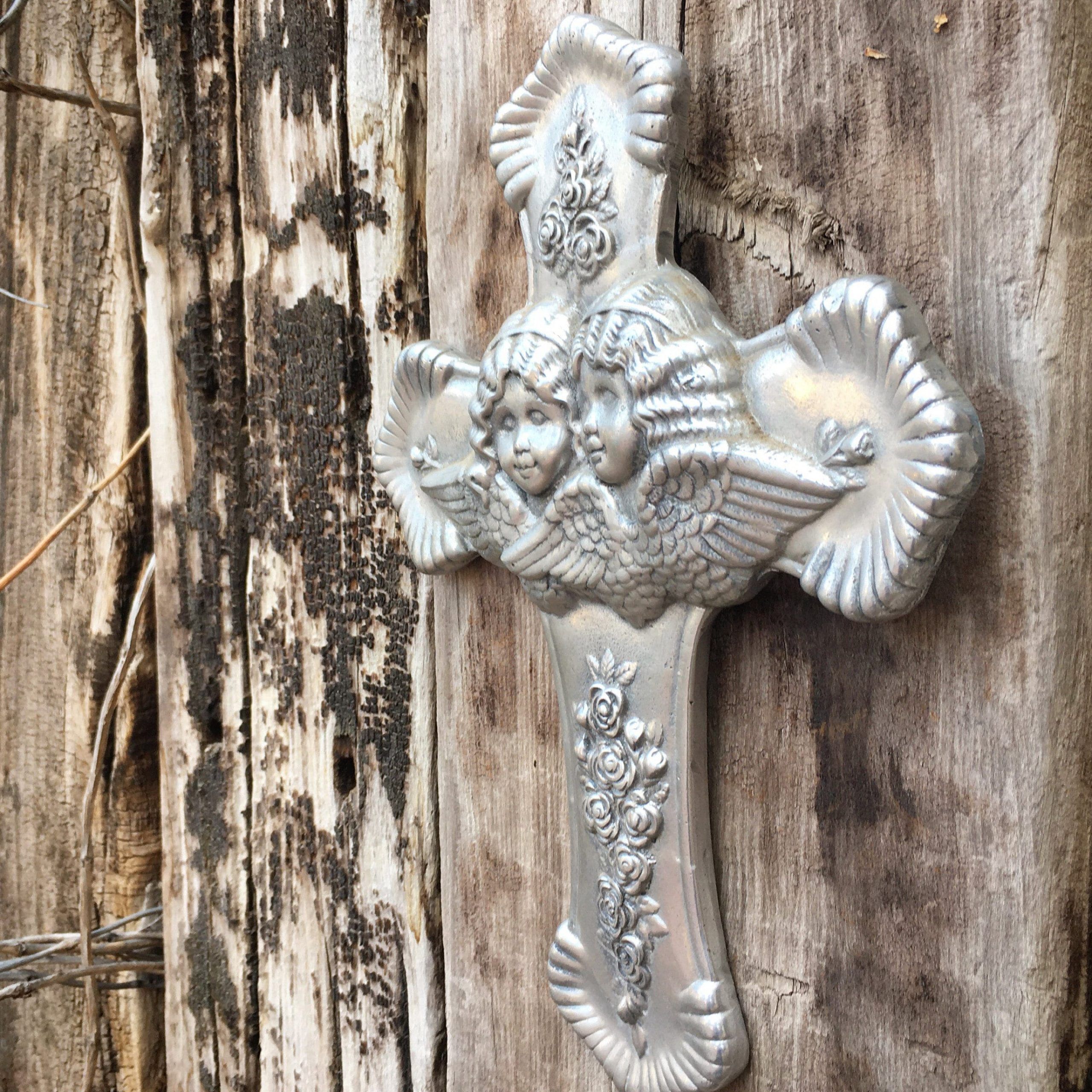 Pewter Metal Wall Cross With Winged Angels, Mexican Rustic Home Decor Inside 2018 Pewter Metal Wall Art (View 17 of 20)