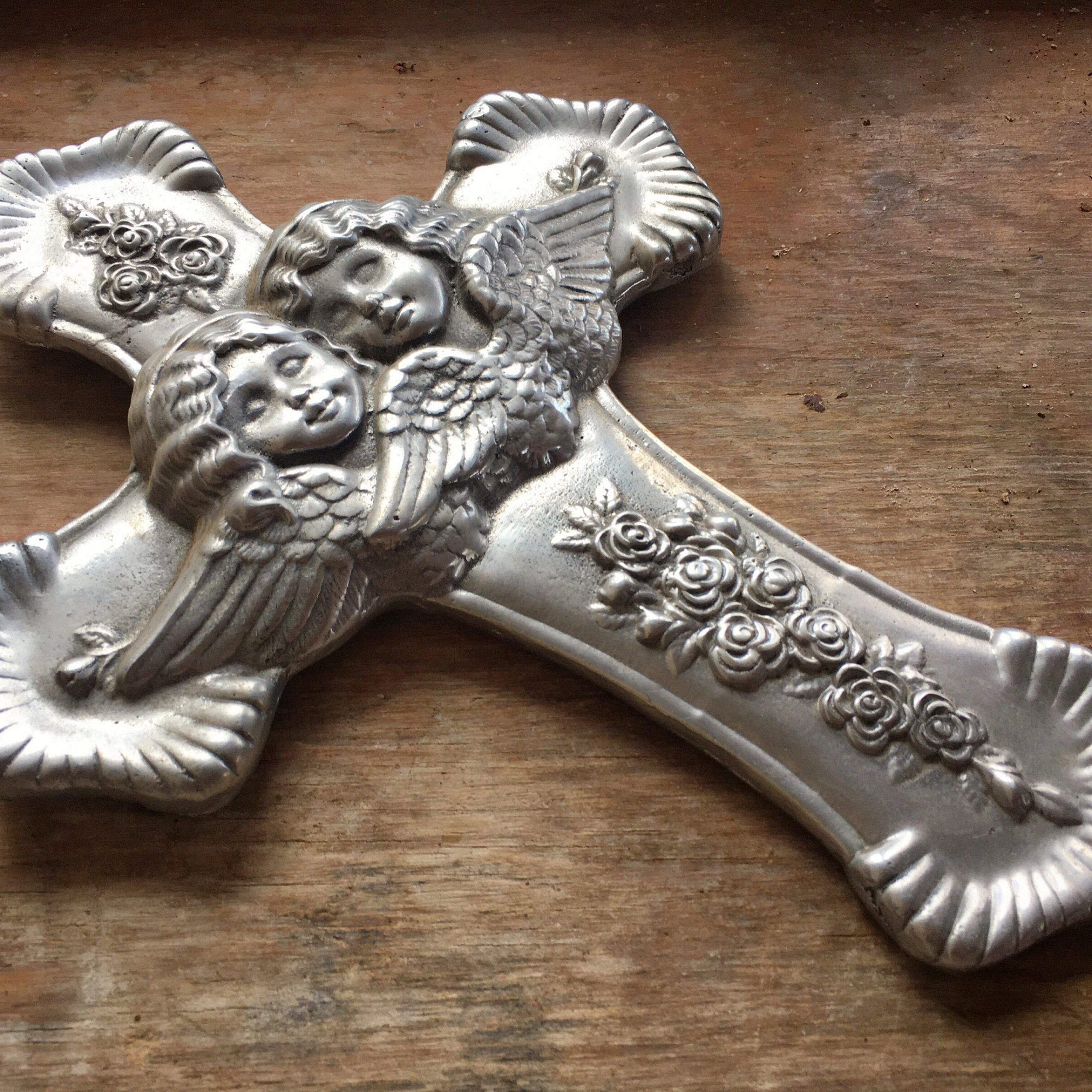 Pewter Metal Wall Cross With Winged Angels, Mexican Rustic Home Decor Within Most Recent Pewter Metal Wall Art (View 14 of 20)