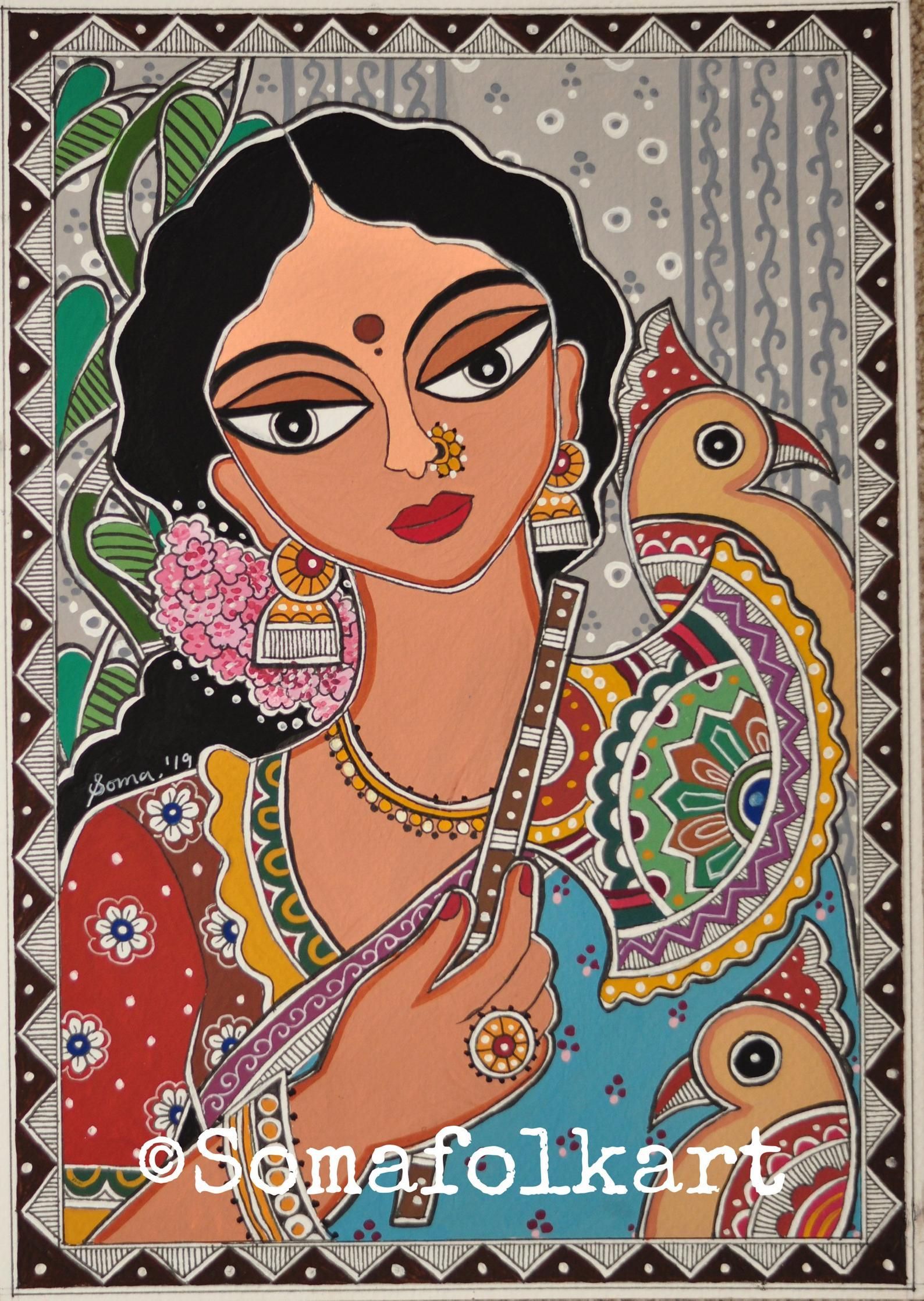 Print Madhubani Lady With Cockatoos Painting Indian Wall Decor | Etsy Intended For 2017 Lady Wall Art (View 8 of 20)