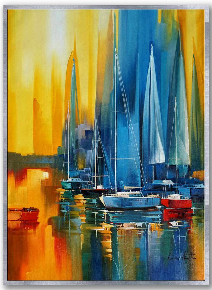 Regatta Seascape Sailing Boat Sailboat Yachting Hand Painted Modern For Most Recent Sail Wall Art (View 17 of 20)