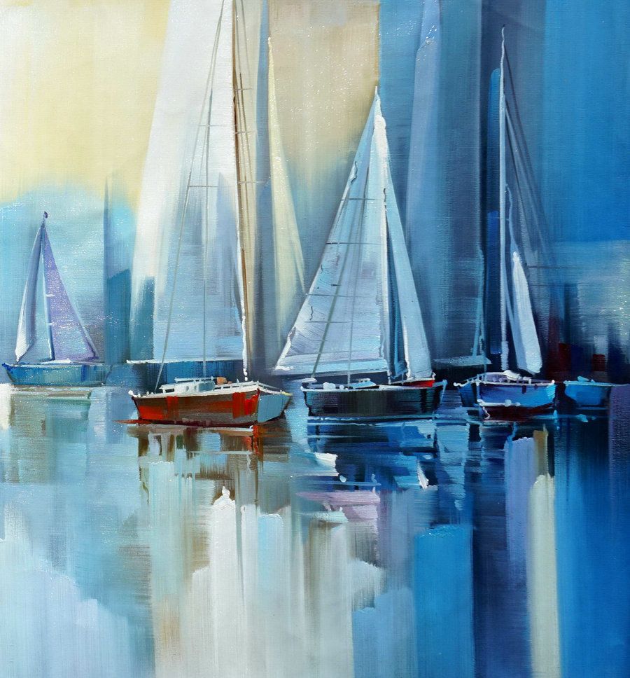 Regatta Seascape Sailing Boat Sailboat Yachting Hand Painted Modern Within Most Up To Date Sail Wall Art (View 11 of 20)