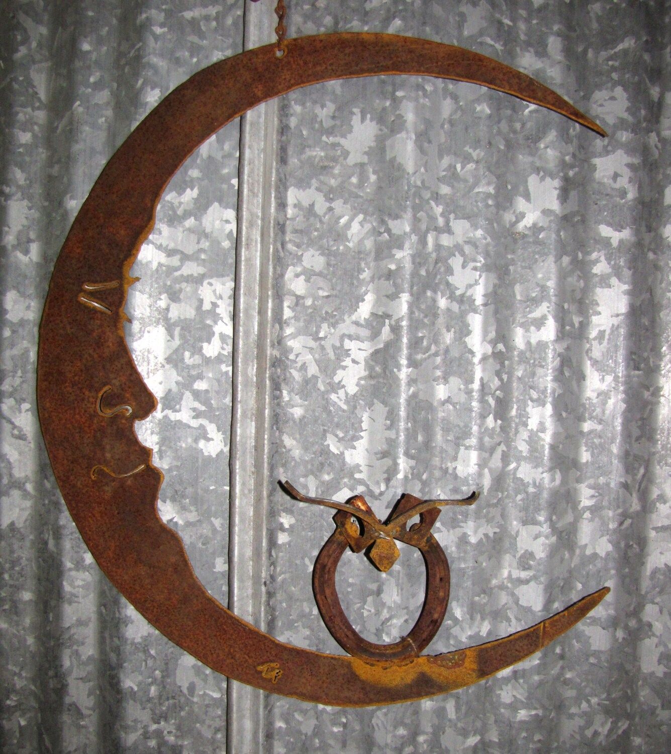 Rusty Metal Owl On Moon/ Recycled Garden Art/ Lucky Horseshoe/ Wall Art With Regard To Most Up To Date Rust Metal Wall Art (View 4 of 20)