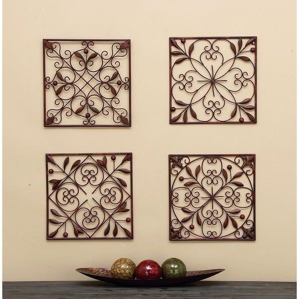 Scrolled Wall Art 4 Pc Set Square Metal Iron Mount Brown Leaf Antique In Most Up To Date Square Wall Art (View 14 of 20)