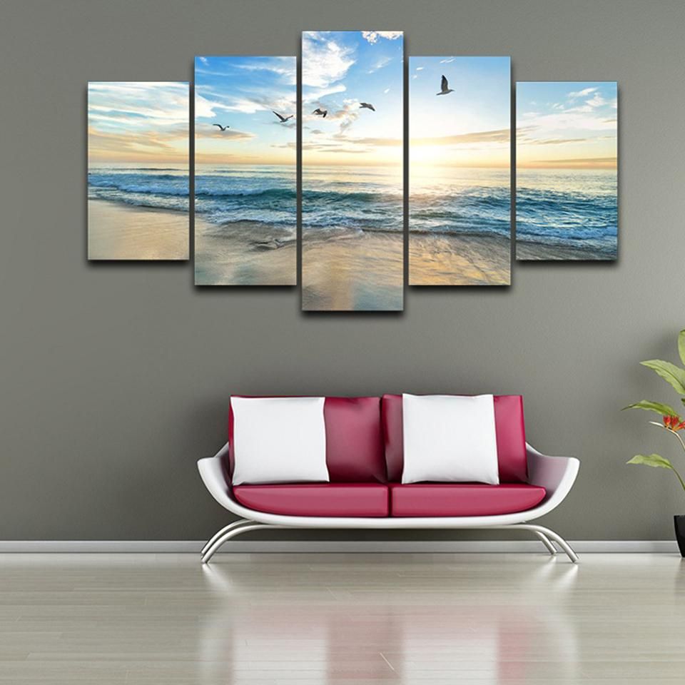 Sea Wave Beach Seagull Birds – Nature 5 Panel Canvas Art Wall Decor For 2017 Sea Wall Art (View 20 of 20)