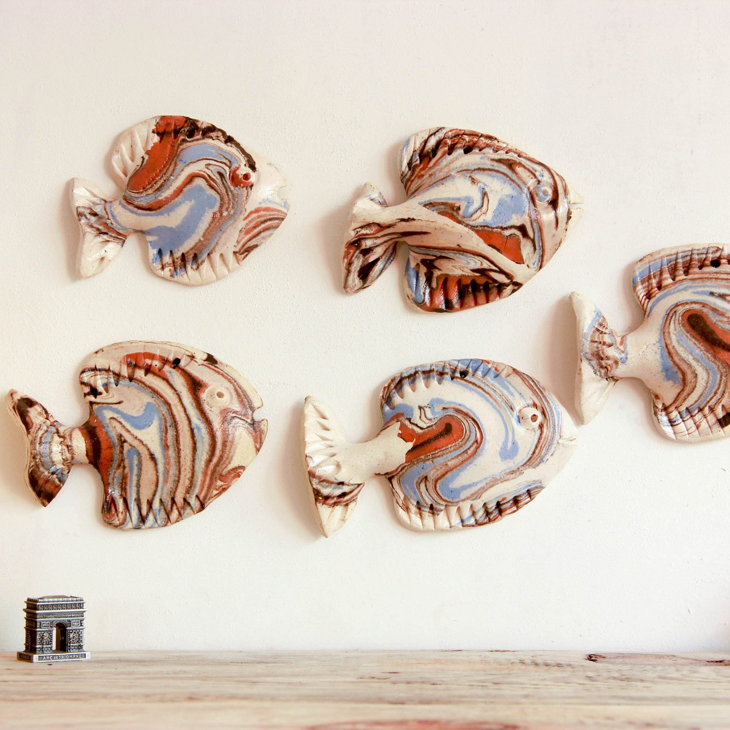 Set Of 5 Fish School Wall Decor Ceramic Fish Sculpture 3d Regarding Most Current Fish Wall Art (View 6 of 20)