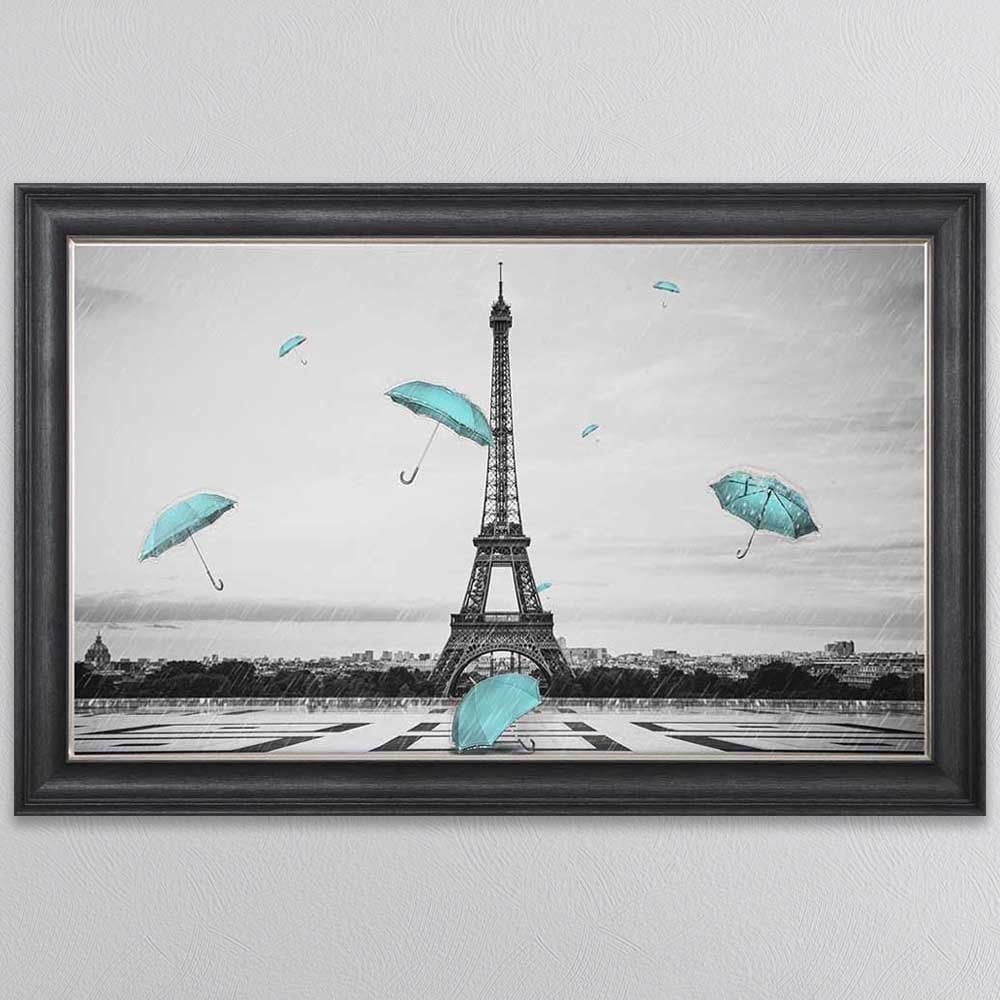 Shh Interiors Teal Umbrellas At The Eiffel Tower Paris Framed Wall Art Throughout Most Up To Date Tower Wall Art (View 19 of 20)