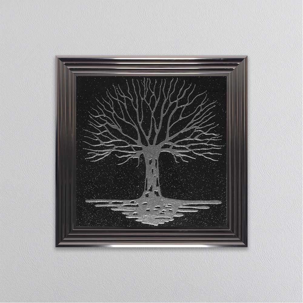 Shh Interiors Tree Of Life Glitter Silver On Black Framed Wall Art | 1wall For 2018 Black Antique Silver Metal Wall Art (View 11 of 20)