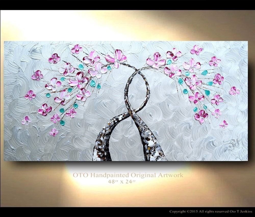 Shiny Tree Painting Wall Art Metallic Silver Background Pink Within Newest Trees Silver Wall Art (View 17 of 20)