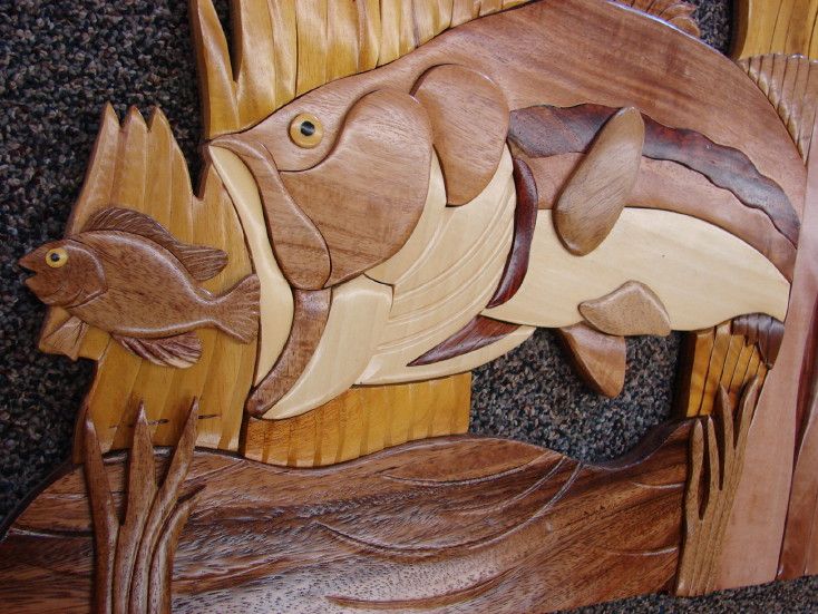 Solid Wood Intarsia Bass With Bait Fish Wall Decor Fishing Theme Regarding Current The Bassist Wall Art (View 5 of 20)