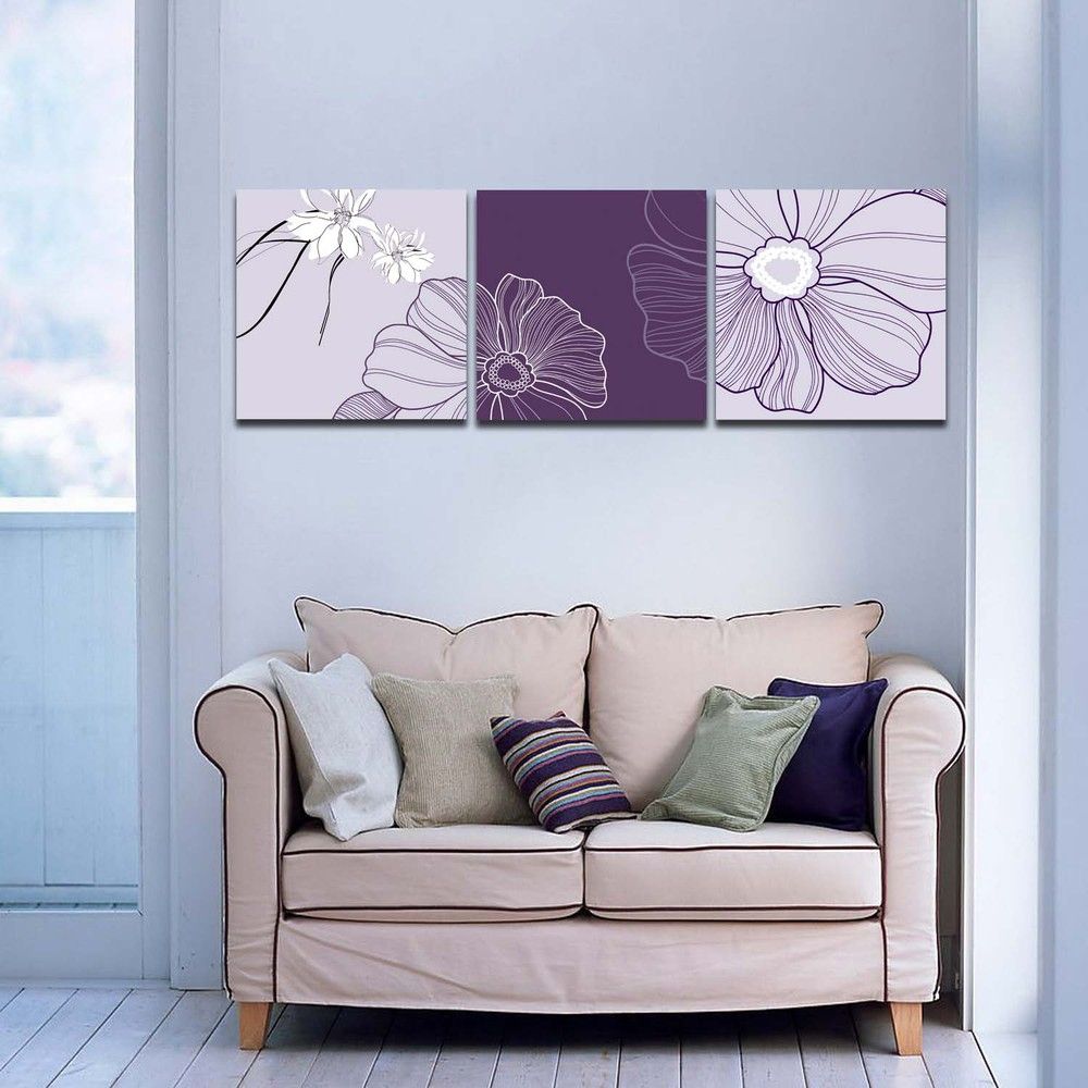 Square 3 Piece Set Simple Purple White Flower Painting Office Home Wall With Regard To Recent Square Canvas Wall Art (View 3 of 20)