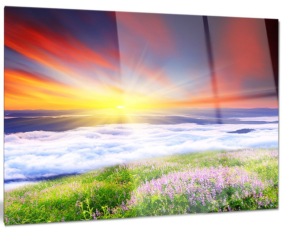 "sunrise With Blooming Flowers" Landscape Art Glossy Metal Wall Art Intended For Current Sunrise Metal Wall Art (View 2 of 20)