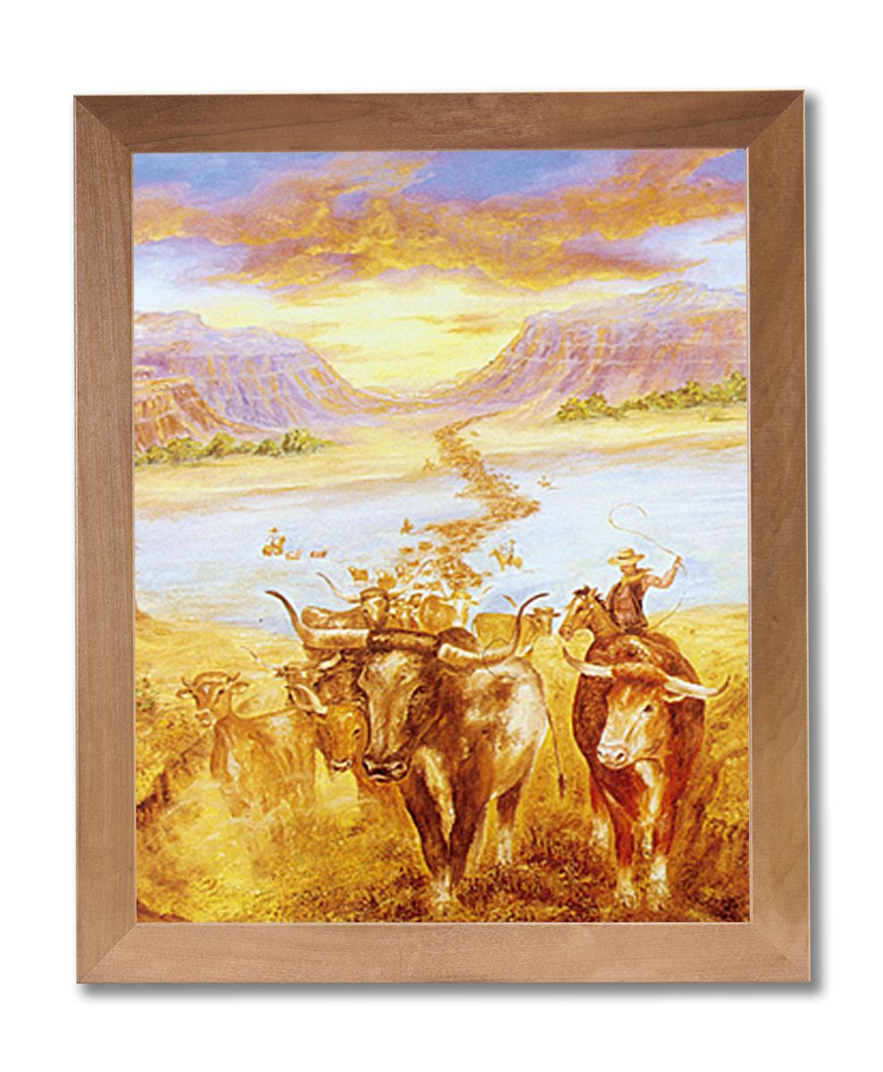 Texas Longhorn Steer Cattle Cowboy Western Wall Picture Honey Framed Pertaining To Most Current Long Horn Wall Art (View 10 of 20)