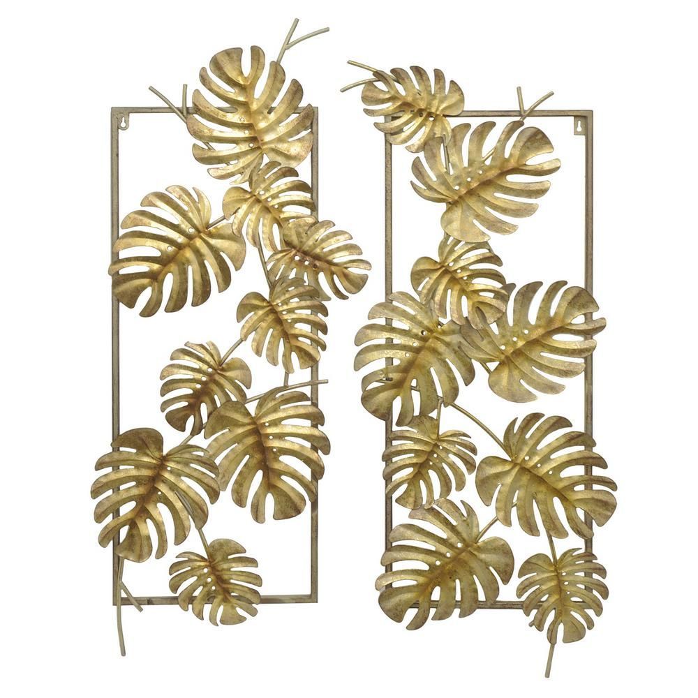 Three Hands Gold Metal Tropical Leaves Wall Decor (set Of 2) 10118 Intended For Most Current Gold Fan Metal Wall Art (View 10 of 20)