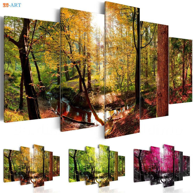 Trees Creek Sunshine Prints Canvas Painting 5 Pieces Forest Landscape Pertaining To Latest Natural Wall Art (View 6 of 20)