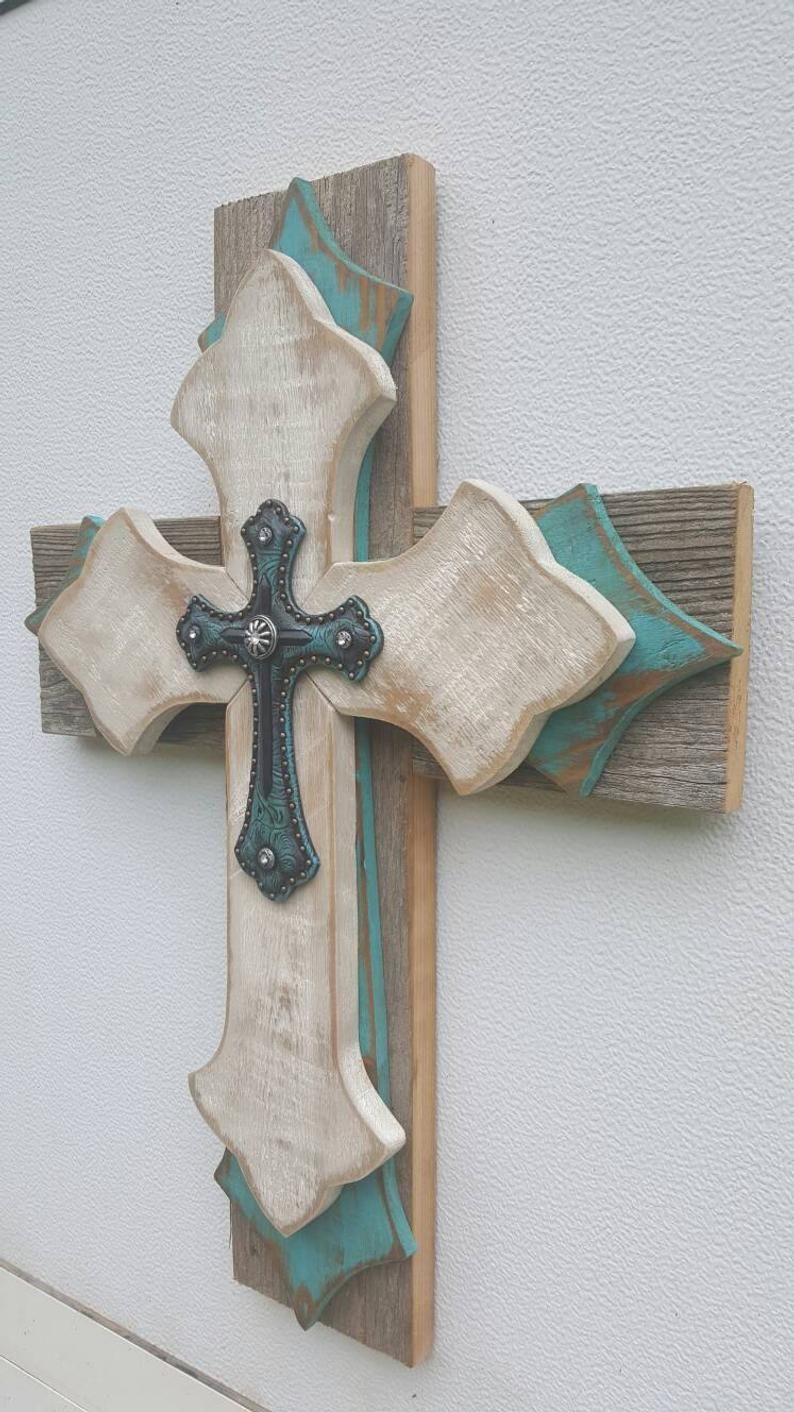 Turquoise Ivory Distressed Reclaimed Wood Wall Cross Wood Wall Art Regarding Most Up To Date Distressed Wood Wall Art (View 18 of 20)