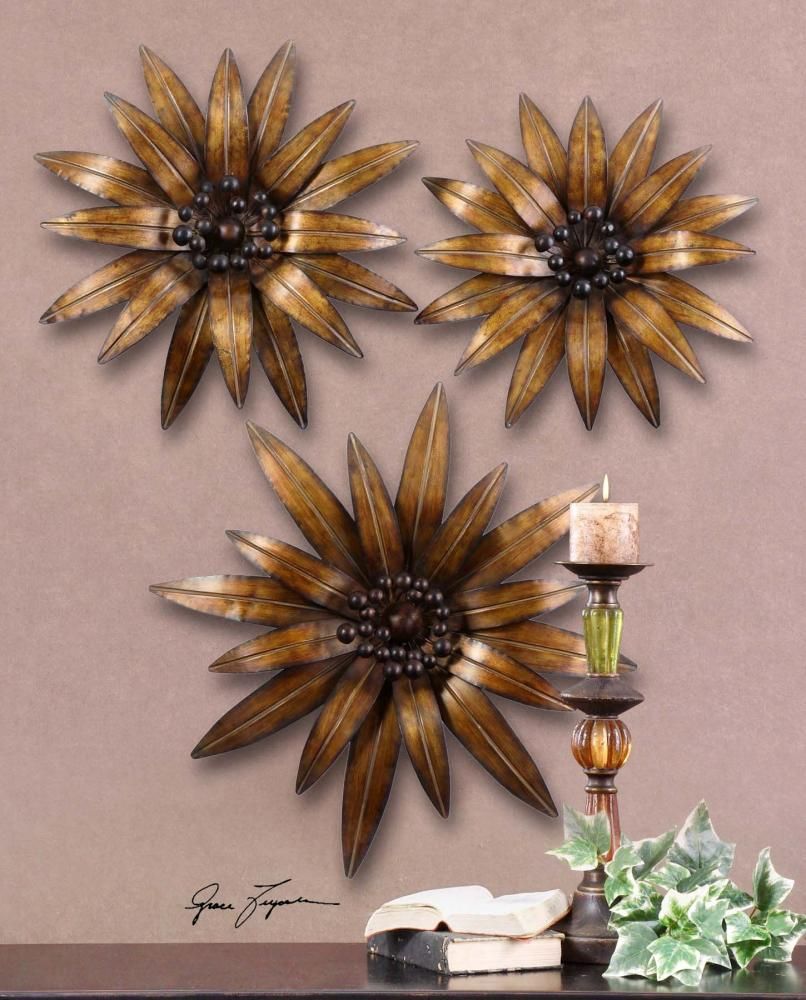 Uttermost Antiqued Gold Gazanias Set Of 3 Flower Metal Wall Art Inside 2018 Gold And Black Metal Wall Art (View 12 of 20)