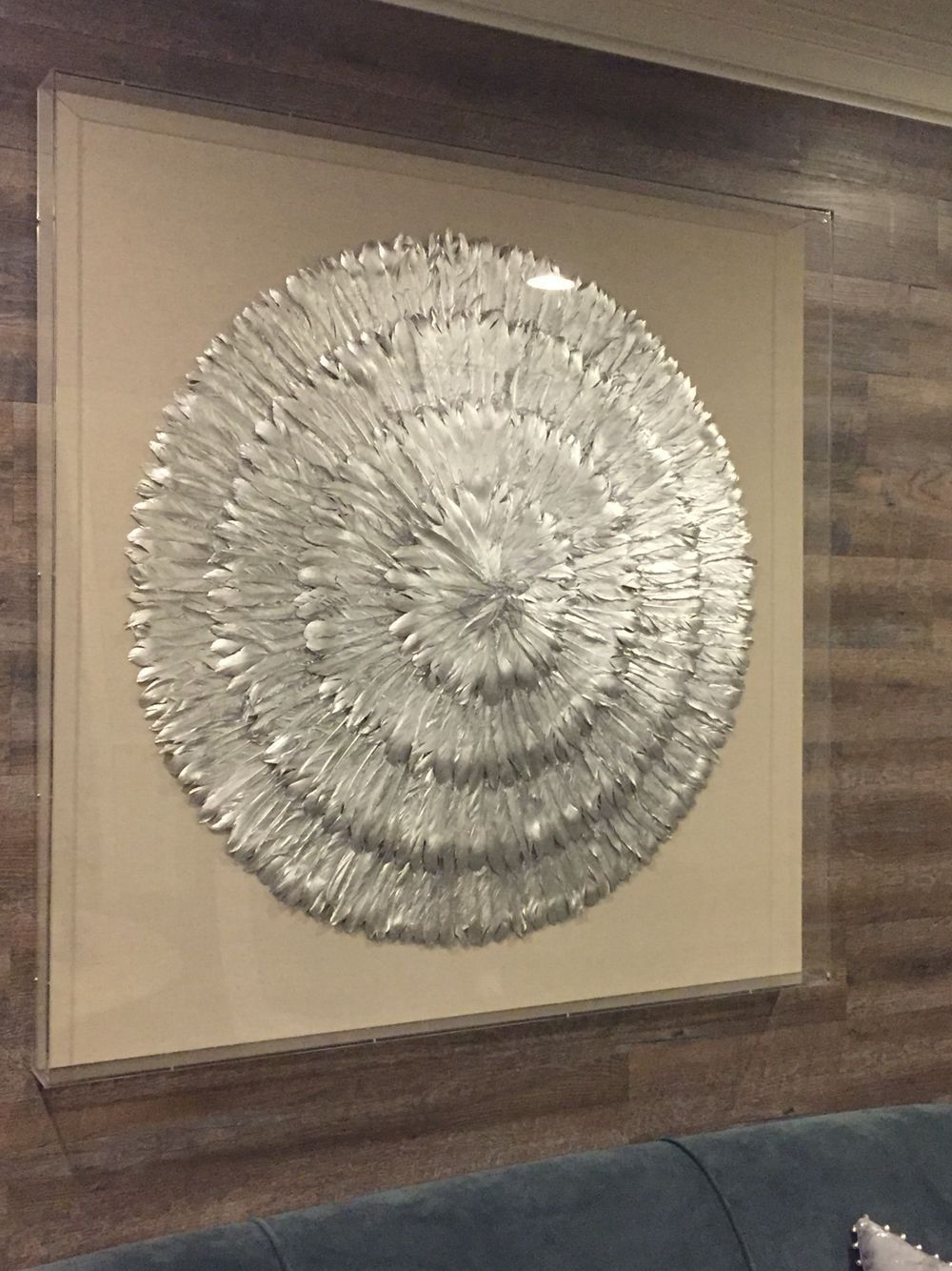 Wall Art – Linen With Silver Flower Made Of Feathers Under Plexiglass Throughout Recent Sunflower Metal Framed Wall Art (View 14 of 20)