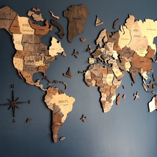 Wall Wooden Map World Map Travel Push Pin Map Rustic Home | Etsy In Inside Best And Newest Globe Wall Art (View 6 of 20)