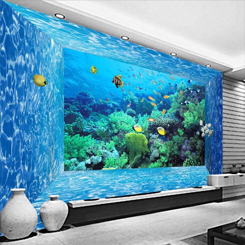 Wallpaper Living Room Marine World Creature Coral Aquarium Wall Regarding Newest Aquarium Wall Art (View 10 of 20)