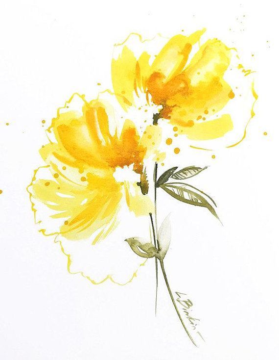 Watercolor Painting, Yellow Wall Decor, Original Painting, Abstract Intended For Most Current Yellow Bloom Wall Art (View 17 of 20)