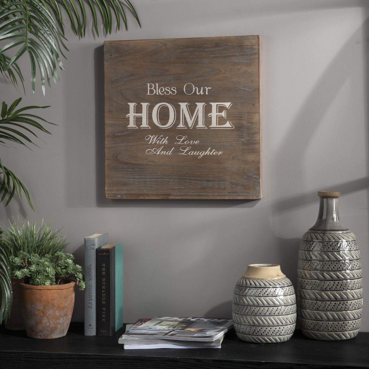 Wood Square Wall Art With Printed "bless Our Home" Printed Natural Regarding Most Current Square Wall Art (View 2 of 20)