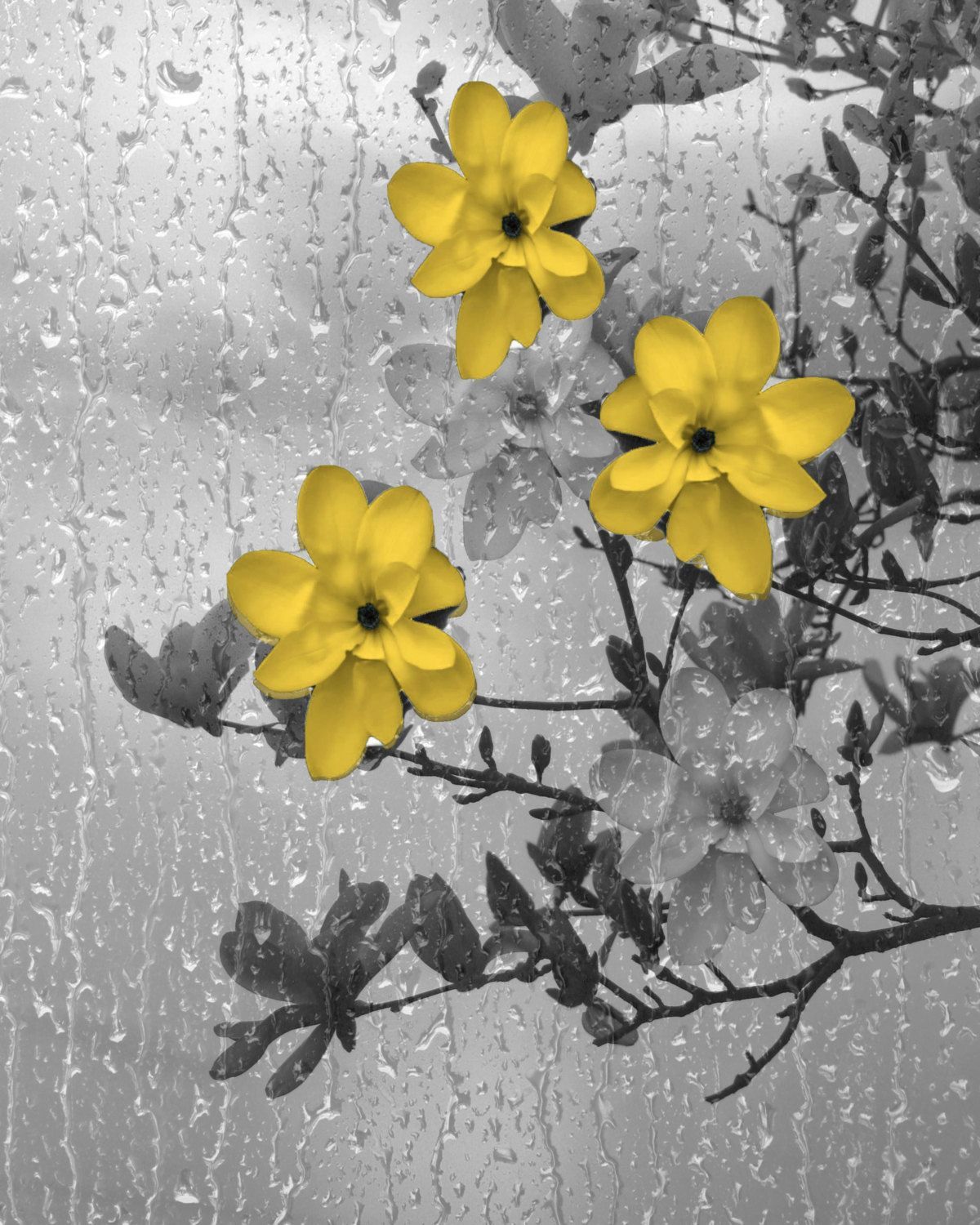 Yellow Gray Bathroom Decor Yellow Flowers Prints Raindrops | Etsy Inside 2017 Yellow Bloom Wall Art (View 11 of 20)