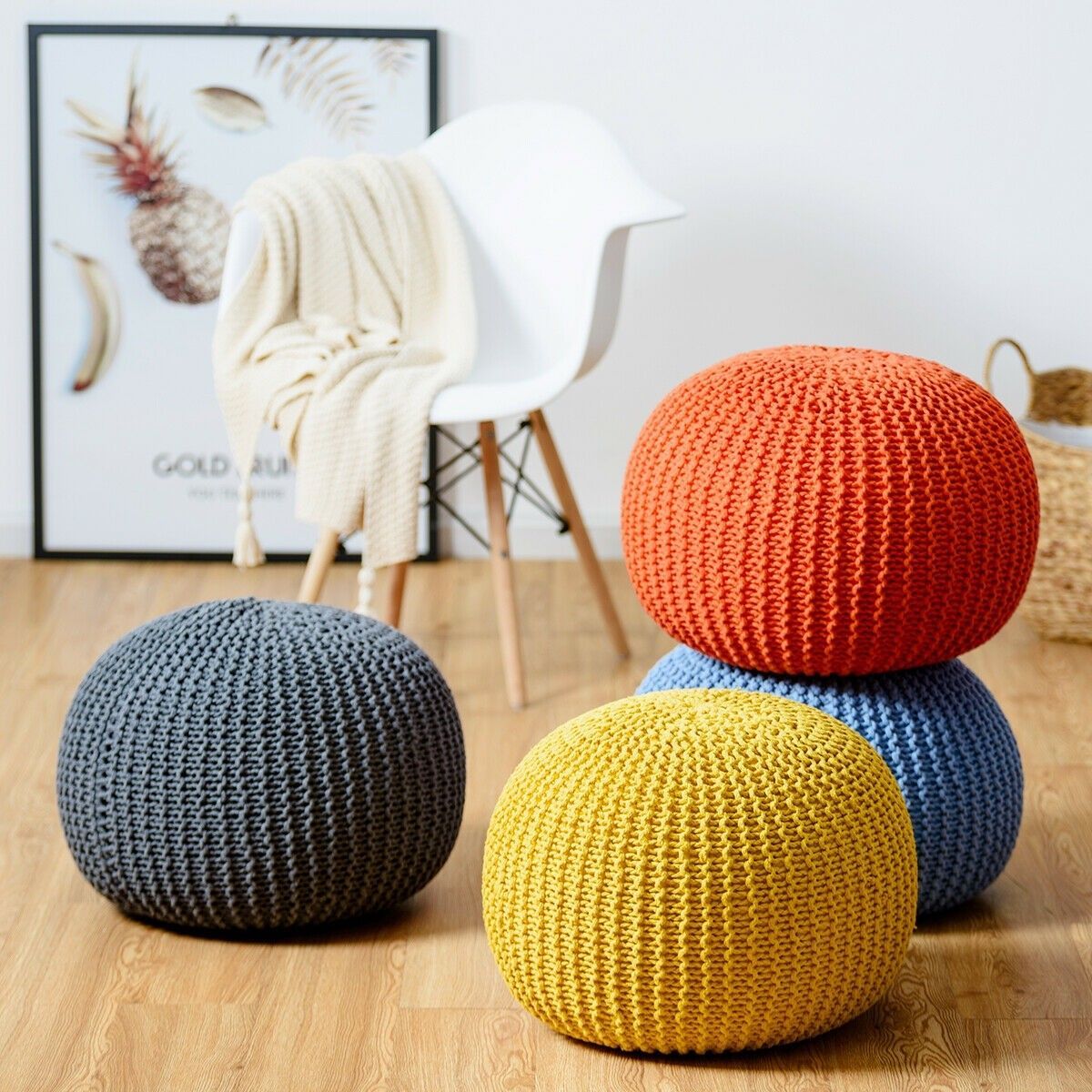 100% Cotton Hand Knitted Pouf Floor Seating Ottoman | Floor Seating Throughout Cream Cotton Knitted Pouf Ottomans (View 3 of 20)