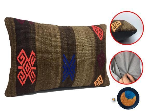 16x24 Brown, Orange And Red Color Kilim Pillow Cover Striped Cushion Pertaining To Gray And Brown Stripes Cylinder Pouf Ottomans (View 20 of 20)