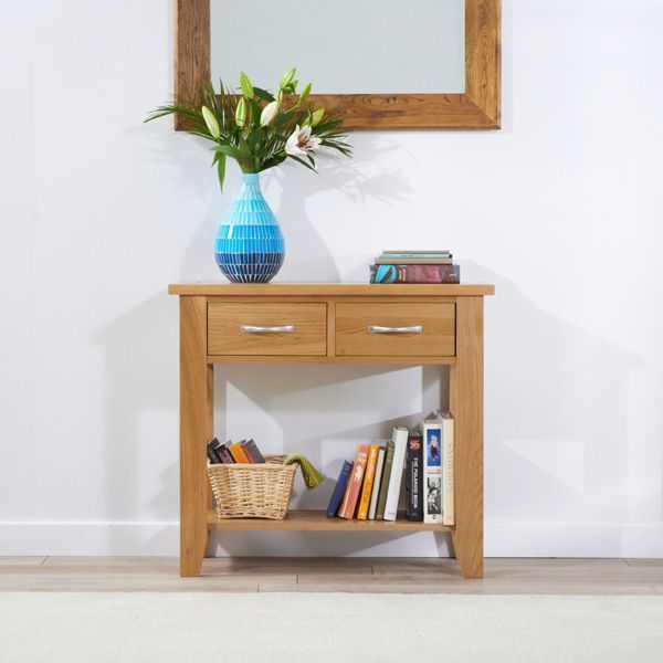 2 Drawer Console Table Natural Oak Finish Living Room Hallway Wooden Pertaining To 2 Drawer Oval Console Tables (View 20 of 20)