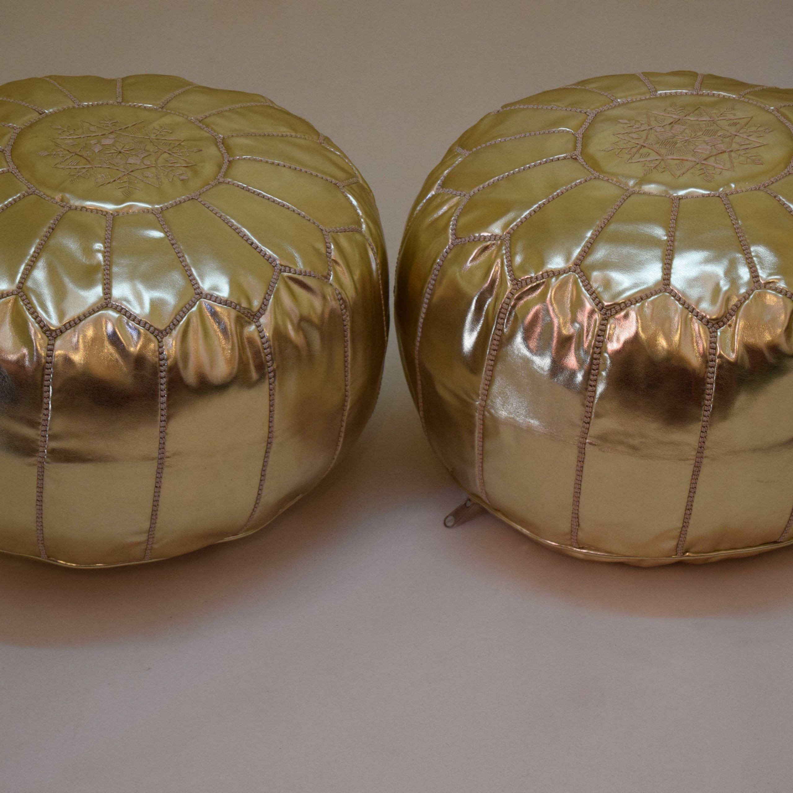 2 Moroccan Faux Leather Gold Poufs Ottoman Floor Round Pouf | Etsy With Gold Faux Leather Ottomans With Pull Tab (View 4 of 20)
