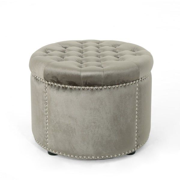 22" Gray And Black Contemporary Round Tufted Ottoman – Overstock – 32087874 In Gray Fabric Round Modern Ottomans With Rope Trim (View 4 of 20)