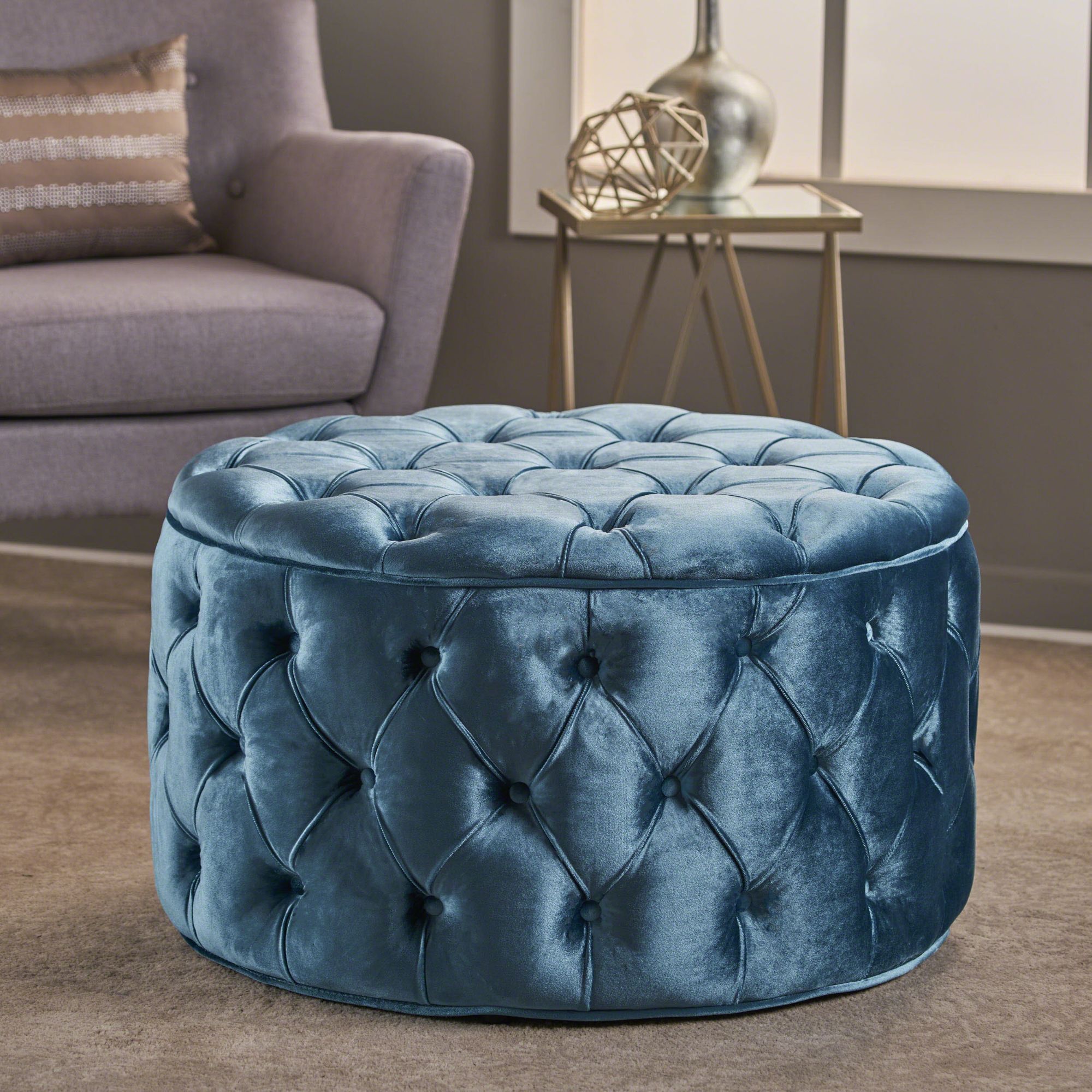 29.5" Royal Blue And Black Contemporary Round Ottoman – Walmart With Textured Yellow Round Pouf Ottomans (Gallery 20 of 20)