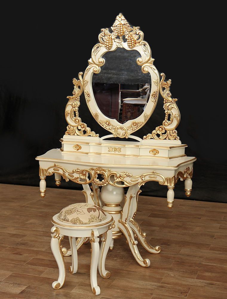 3 Pc Cream & Gold French Rococo Vanity Desk W/ Mirror & Stool (so) 037 Within Cream And Gold Hardwood Vanity Seats (View 15 of 20)
