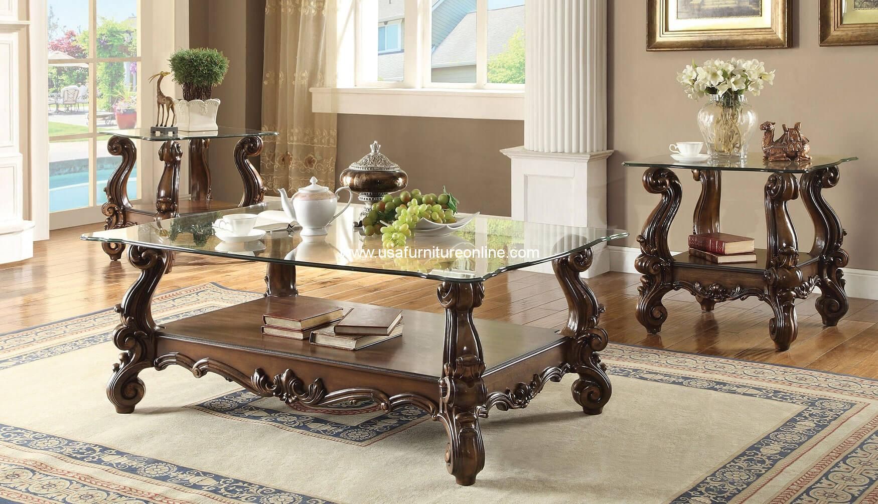 3 Piece Acme Versailles Glass Top Coffee Table Set Cherry Oak Finish Throughout Espresso Wood And Glass Top Console Tables (View 13 of 20)